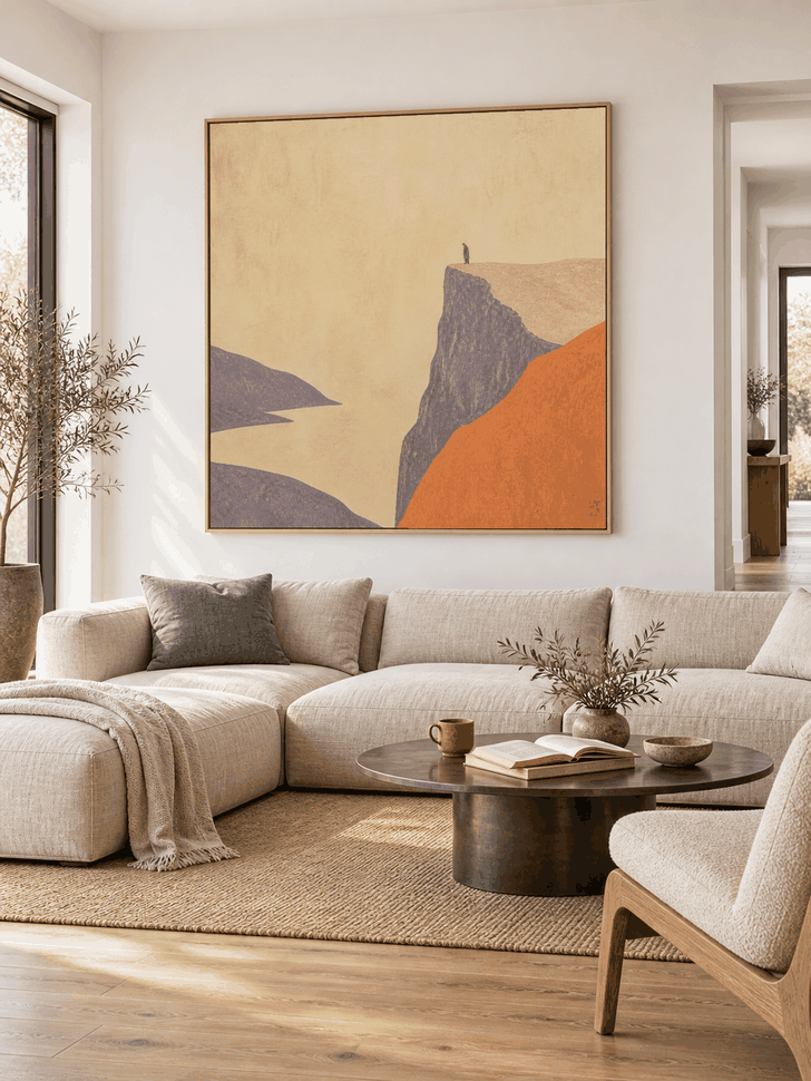 Hand Painted Minimalist Coastal Cliff Oil Painting With Tiny Figure Wall Art