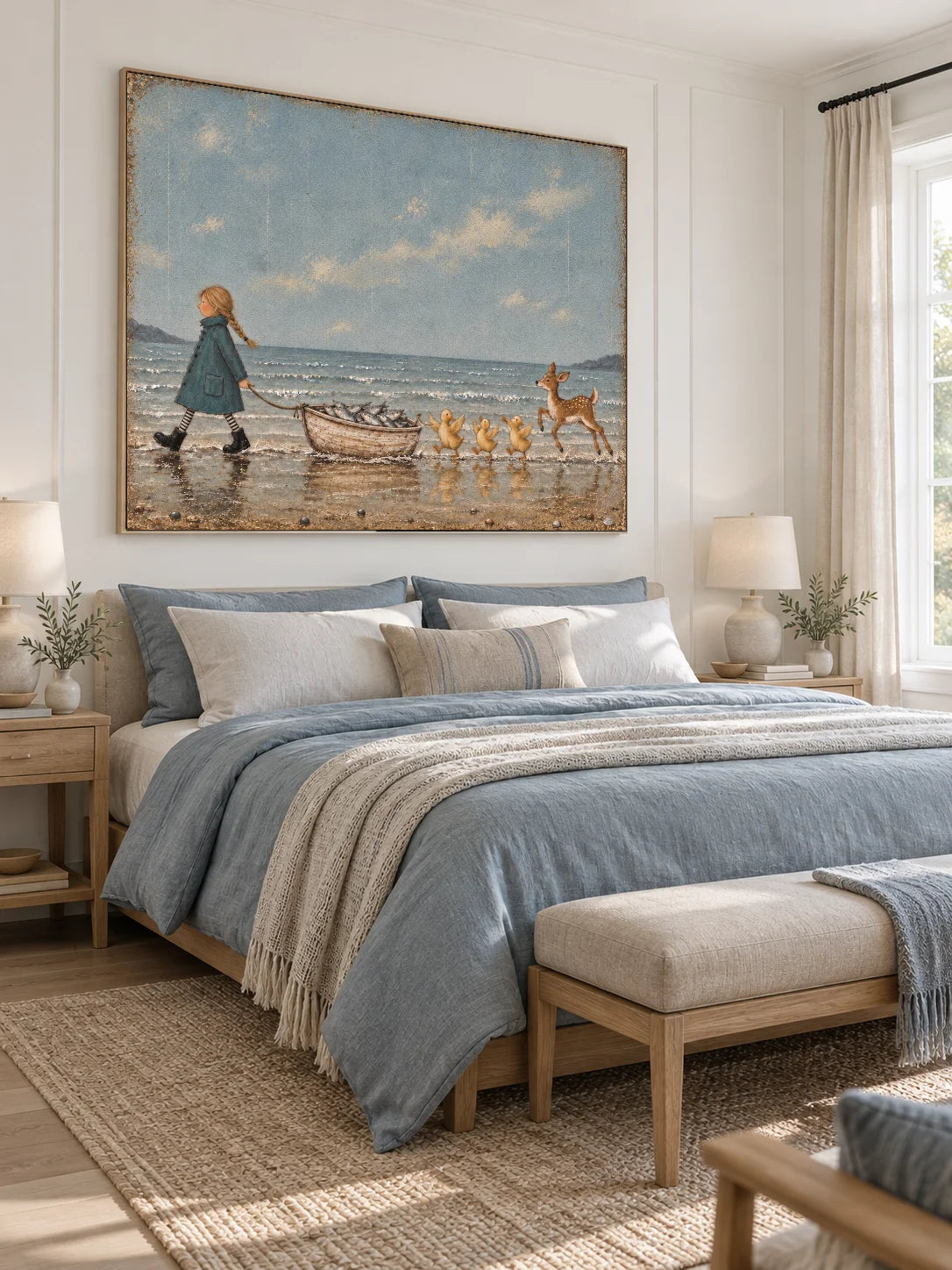 Whimsical Girl And Animals Coastal Canvas Painting Hand-Painted Wall Art