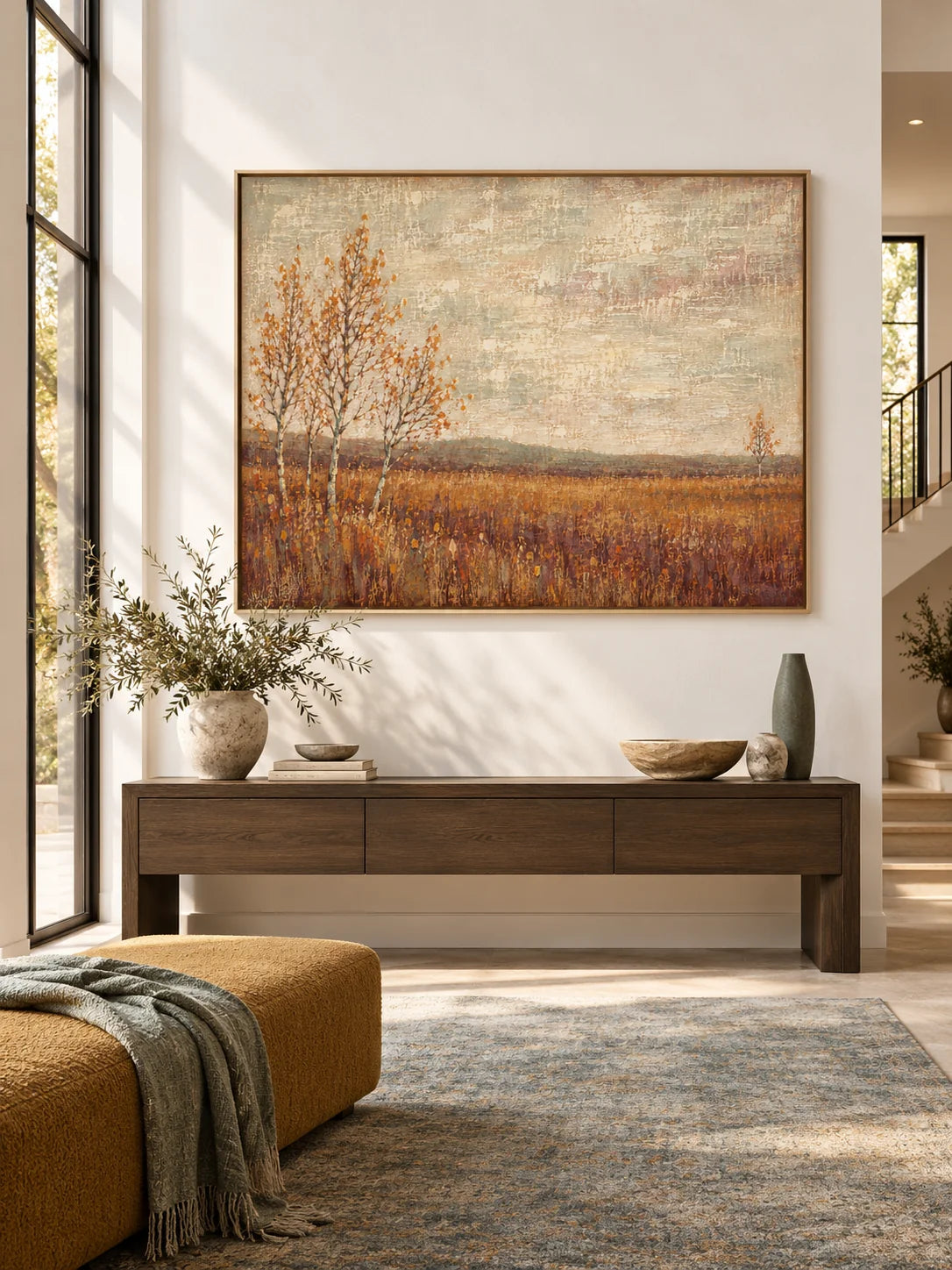 Minimalist Autumn Meadow Painting Large Neutral Beige And Rust Landscape Artwork