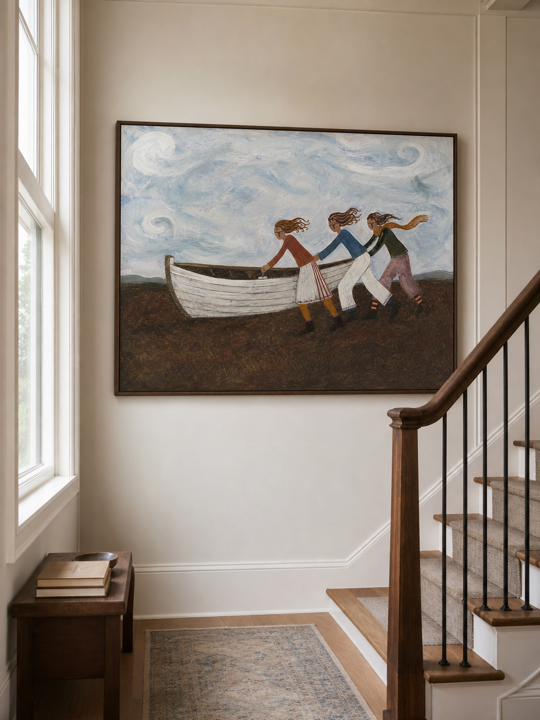 Vintage Folk Art Painting Of People Launching Boat For Coastal Home Decor