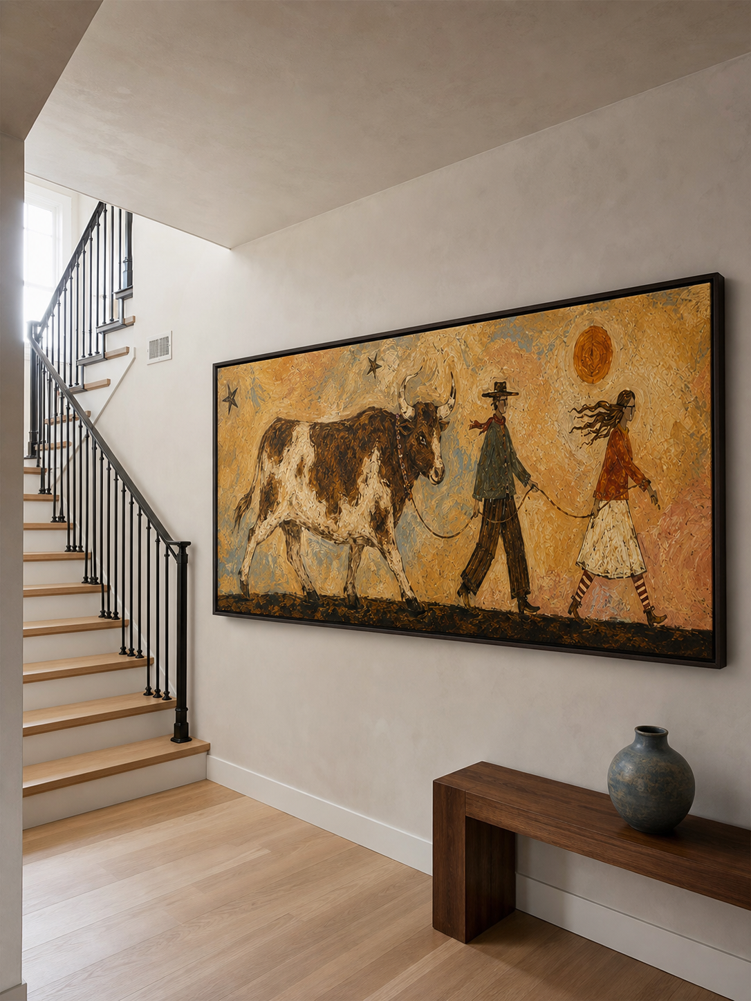 Original Handmade Western Oil Painting Large Vintage Cow Art Framed Ready To Hang