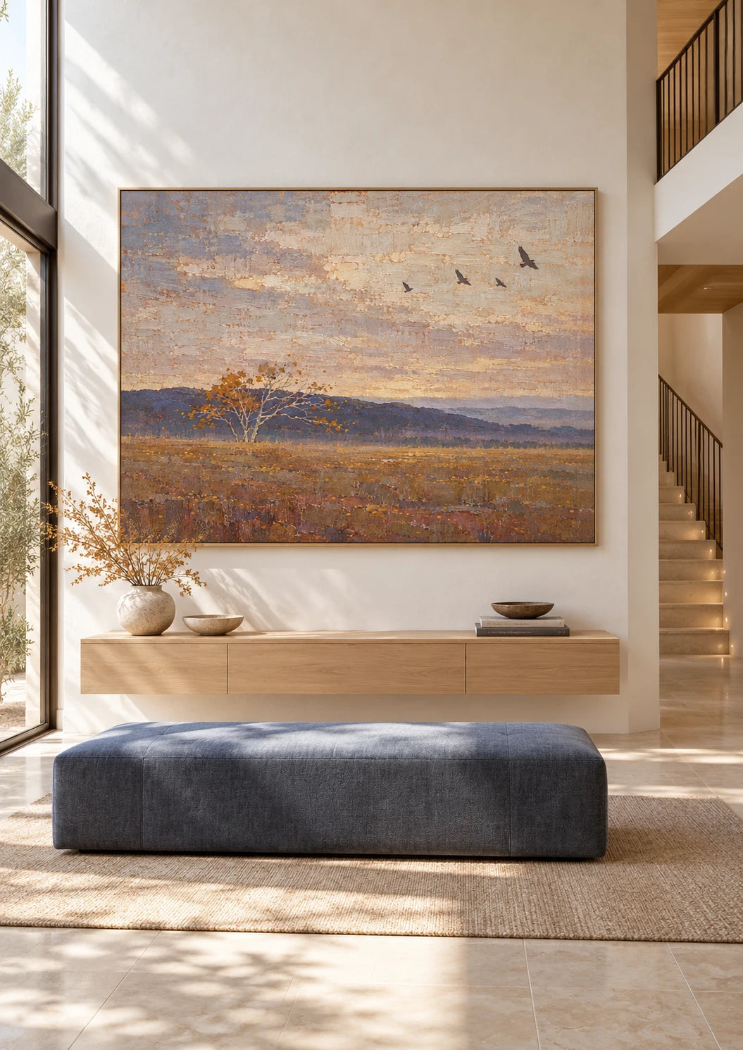 Large Rural Landscape Wall Art In Warm Neutral Tones For Modern Living Room