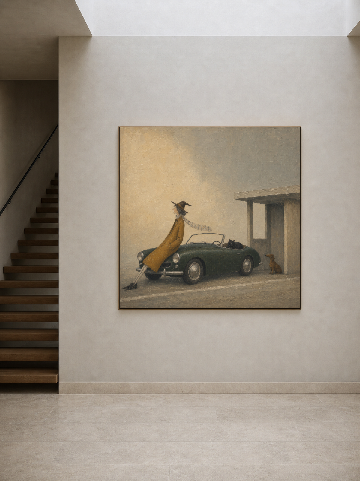 Vintage Car Painting With Woman And Pets Nostalgic Square Art For Home Decor