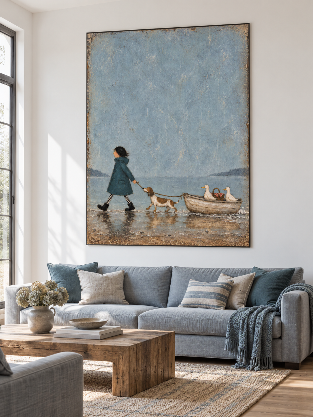 Whimsical Hand Painted Art Of A Child And Dog On A Coastal Adventure For Room Decor