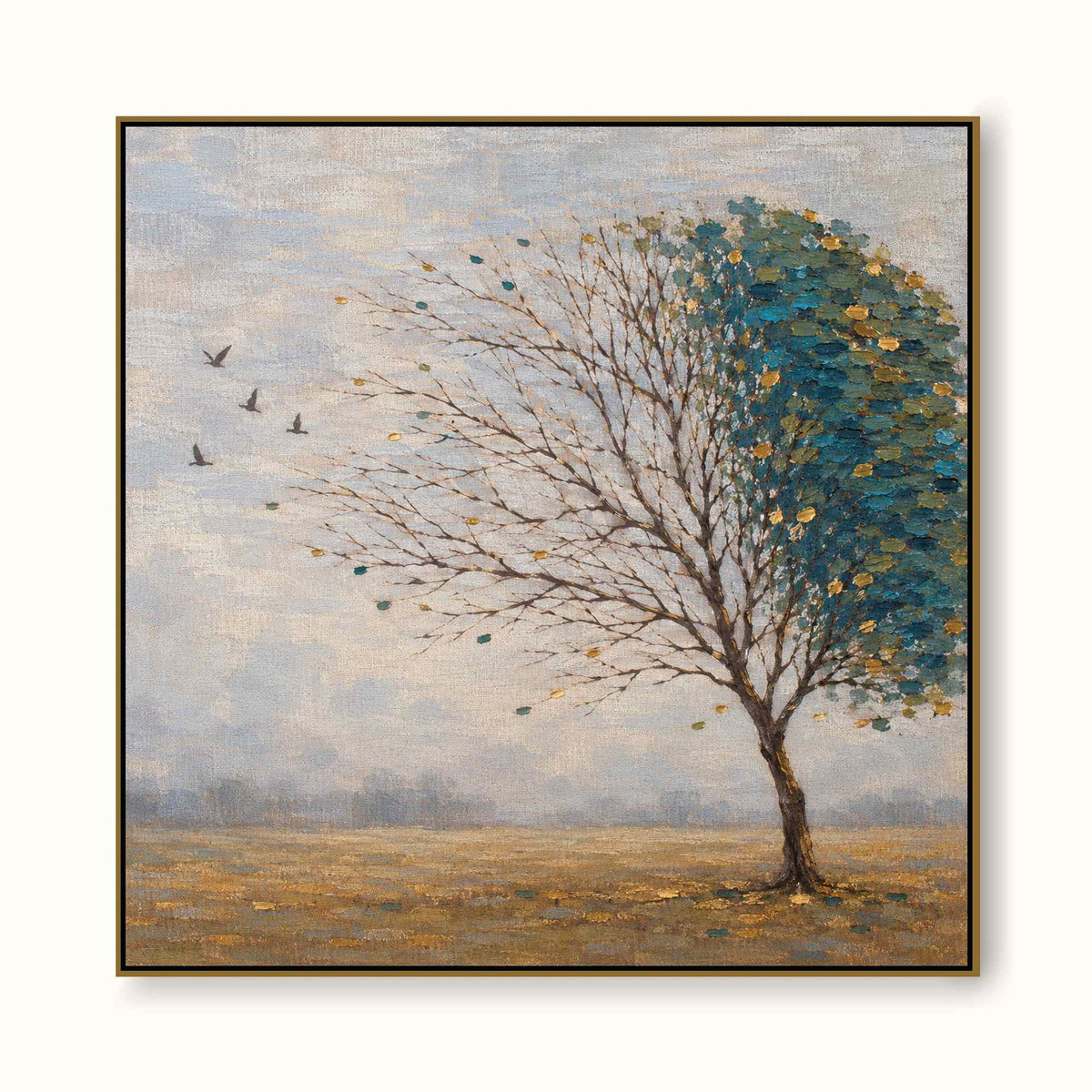 Minimalist Teal Tree Landscape Painting Large Hand Painted Modern Wall Art Canvas