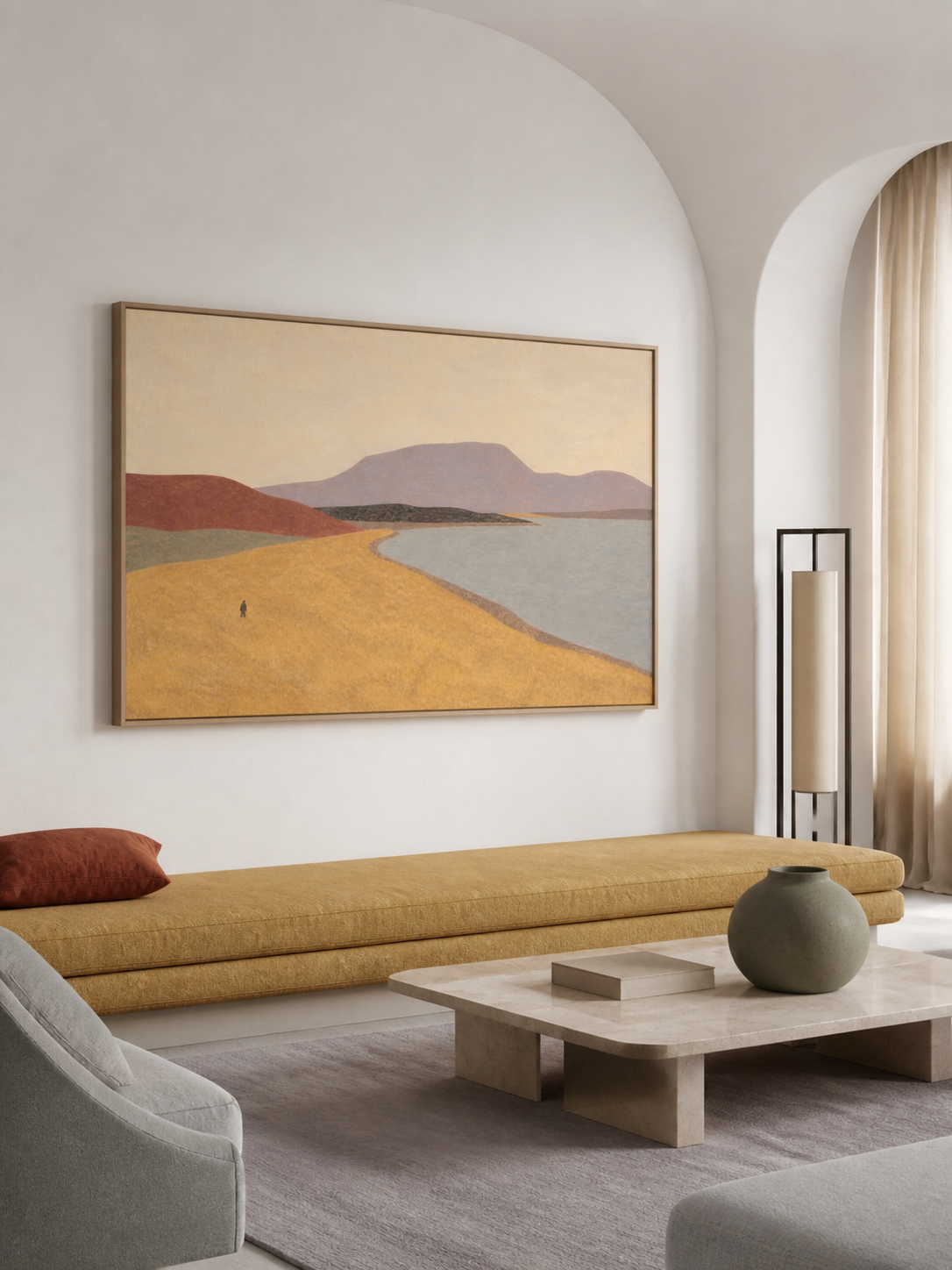 Golden Earth Tone Minimalist Shoreline And Layered Mountains Wall Decor