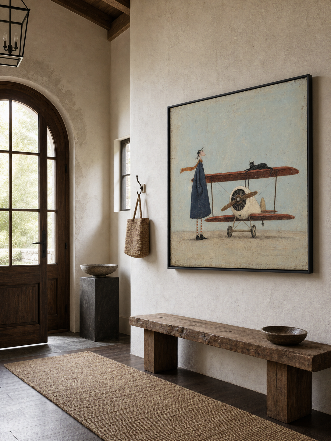 Vintage Airplane Art With Whimsical Figure In Square Canvas Framed For Modern Home Decor