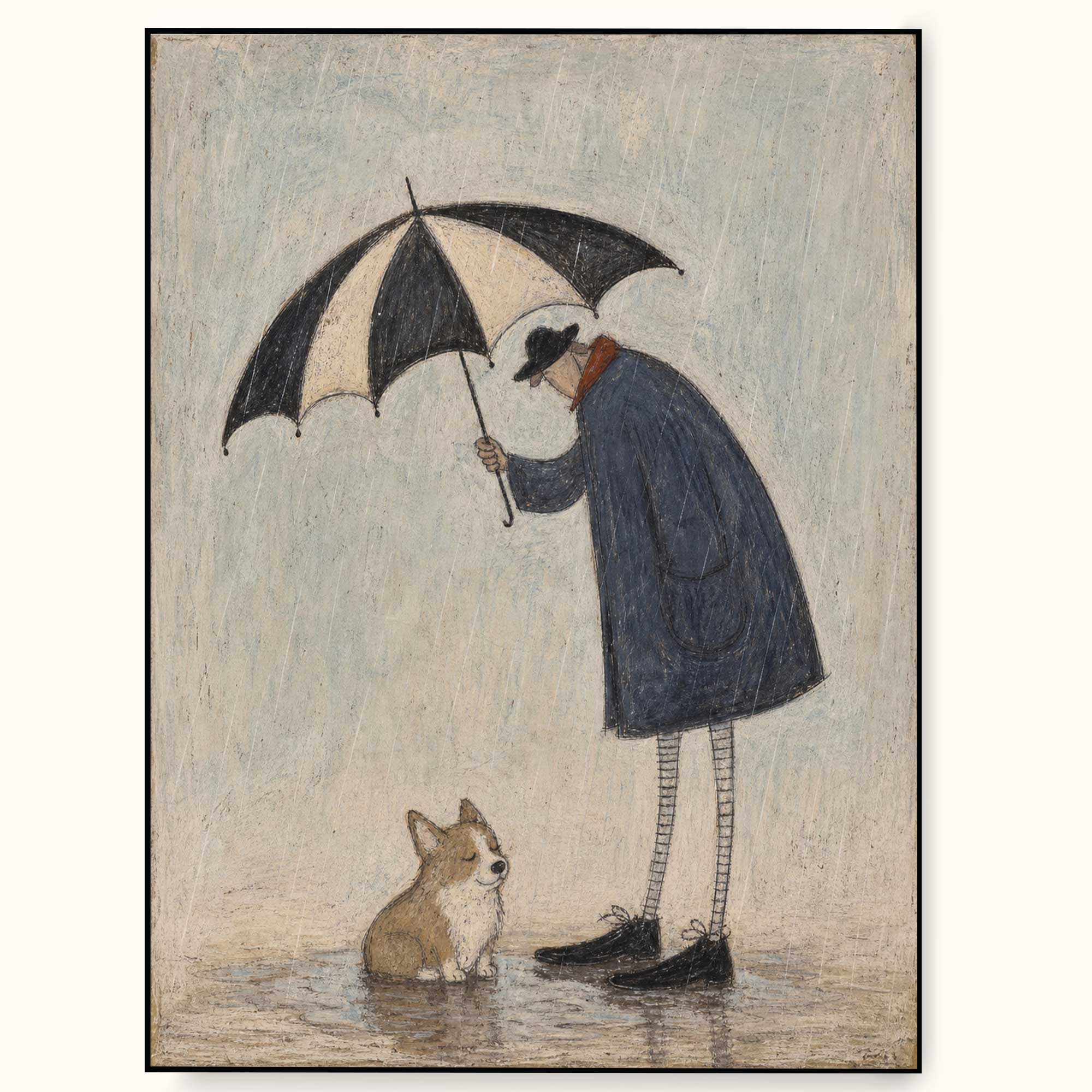 Whimsical Rainy Day Man And Corgi Dog Original Oil Painting For Home Wall Decor