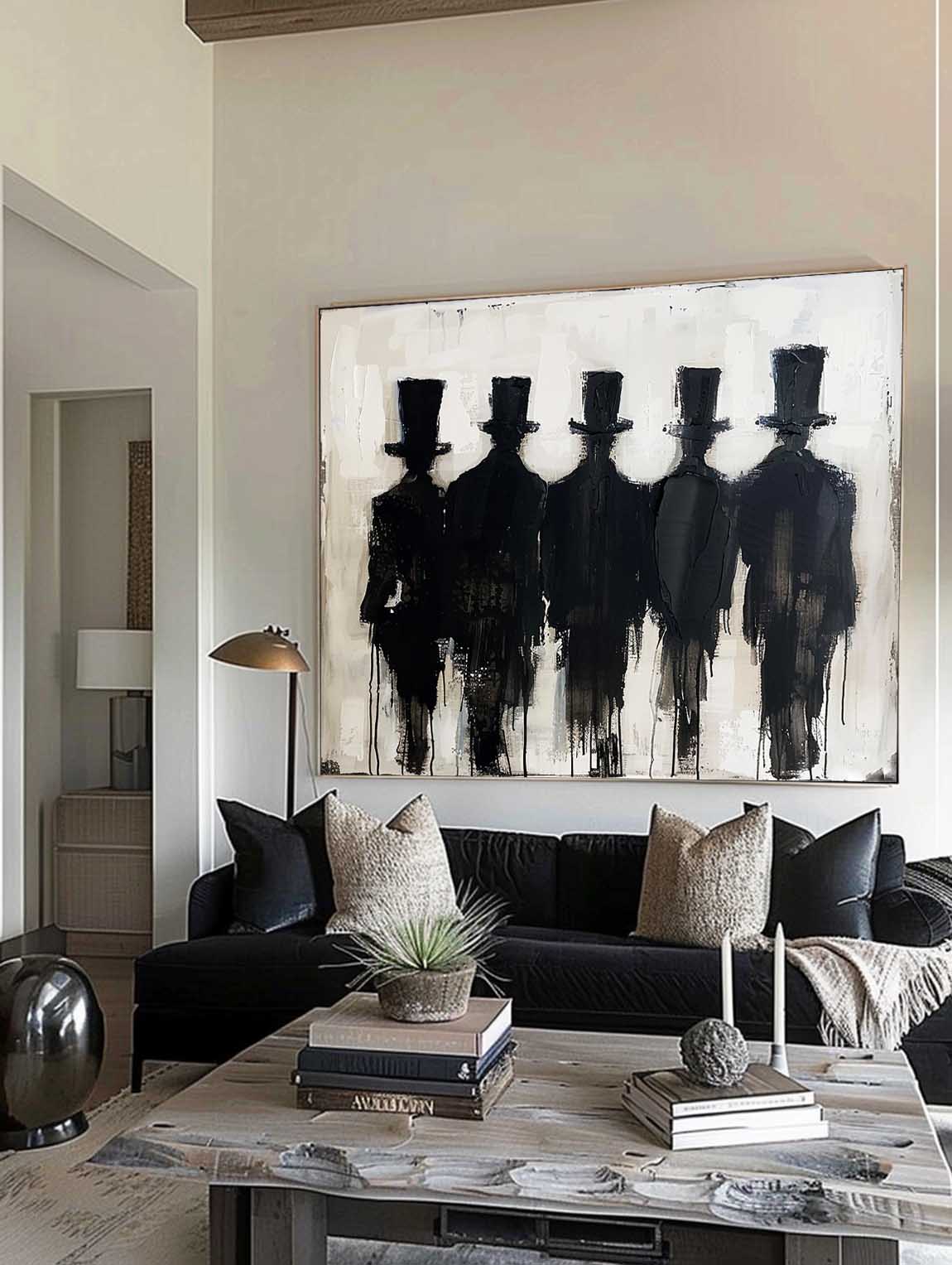 Vintage Neutral Black And Beige People Painting Large Minimalist Canvas Wall Art Original Handmade Wabi Sabi Artwork