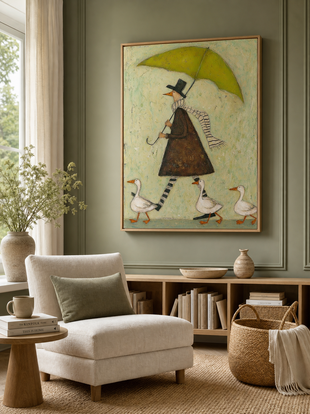 Whimsical Green Umbrella Man With Geese Original Oil Painting On Linen Canvas For Modern Home Decor