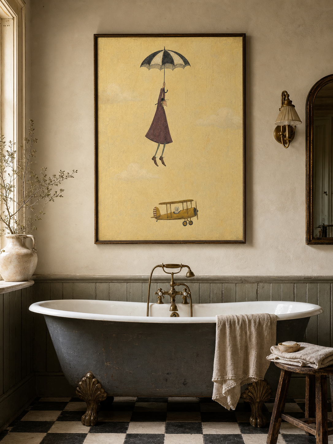 Vintage Style Minimalist Painting Of Flying Figure With Umbrella And Classic Yellow Airplane