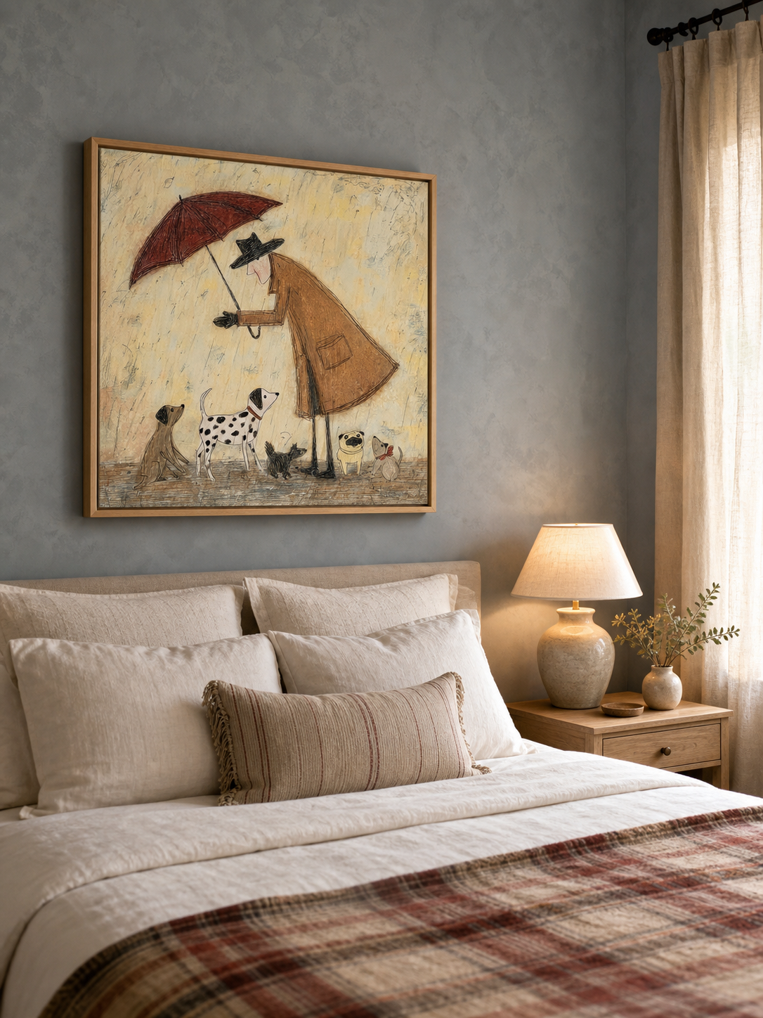 Whimsical Man With Dogs Under Umbrella Minimalist Beige Square Canvas Art