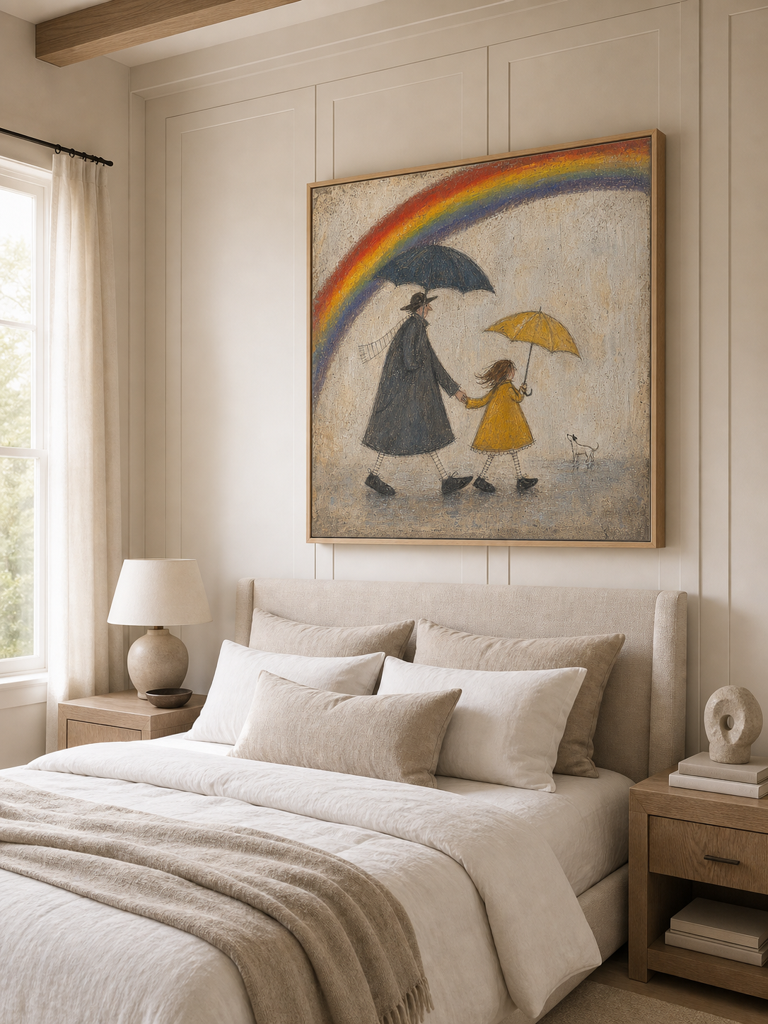 Original Handmade Painting Father And Daughter In Rain Minimalist Wall Art
