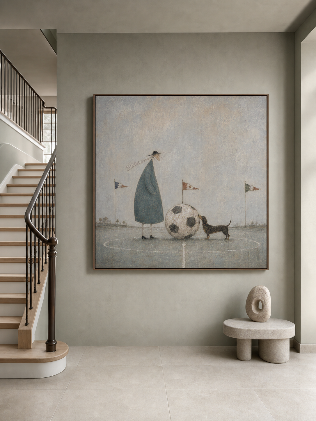 Whimsical Soccer Art Print With Dog And Man In Blue Grey Tones For Modern Home Decor