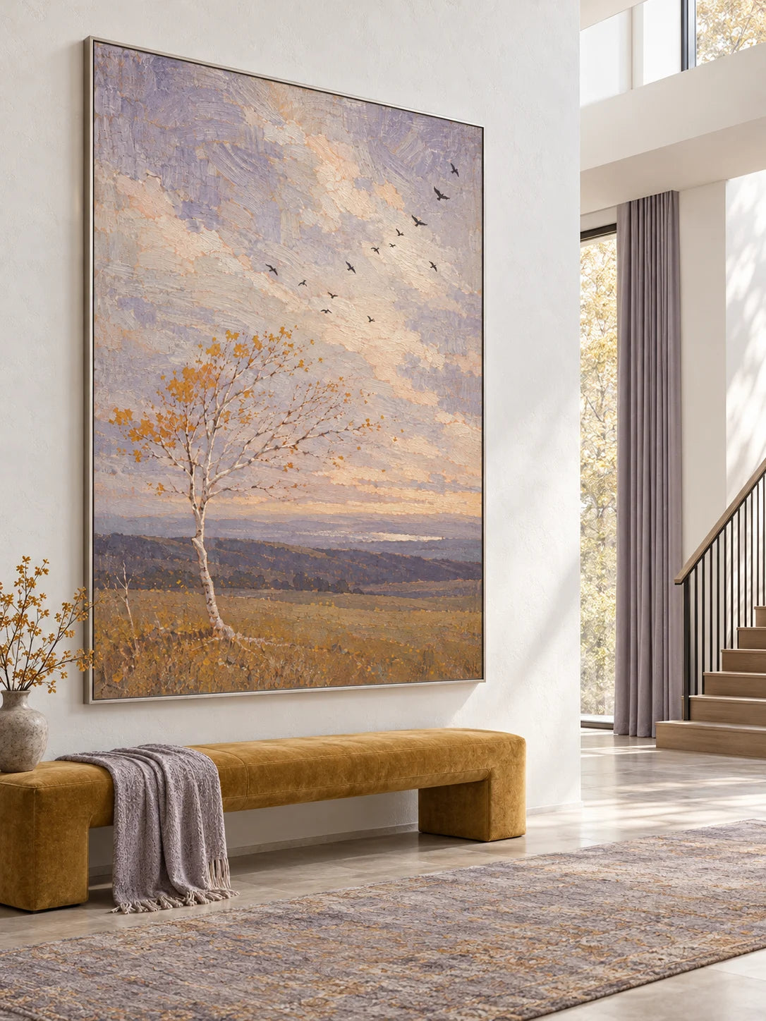 Large Hand Painted Autumn Birch And Birds Landscape Wall Art
