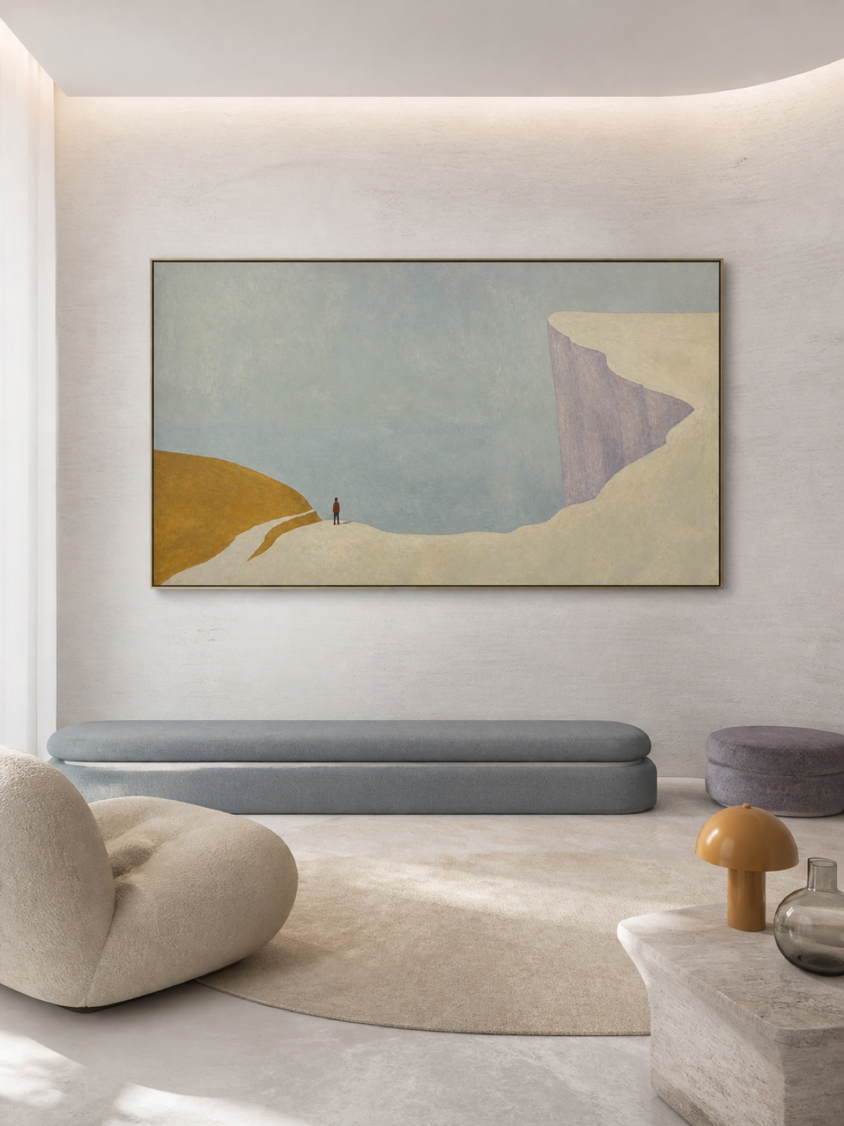 Soft Neutral Mountain Edge With A Tiny Figure Minimalist Wall Decor For Bedroom