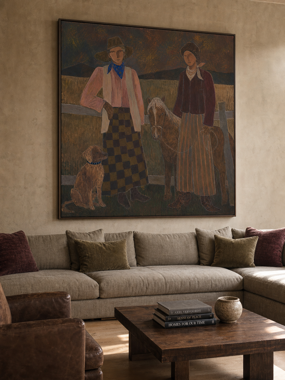 Vintage Western Art Painting With Horse And Dog For Rustic Home Decor
