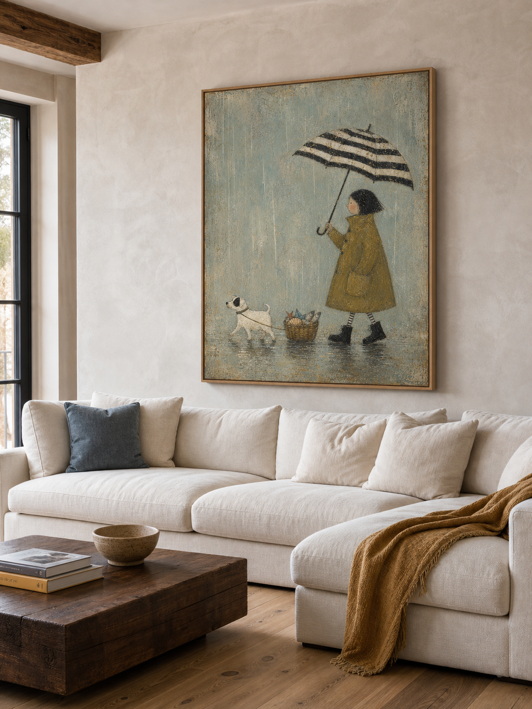 Rainy Day Dog Canvas Wall Art Striped Umbrella And Fish Basket Vintage Decor