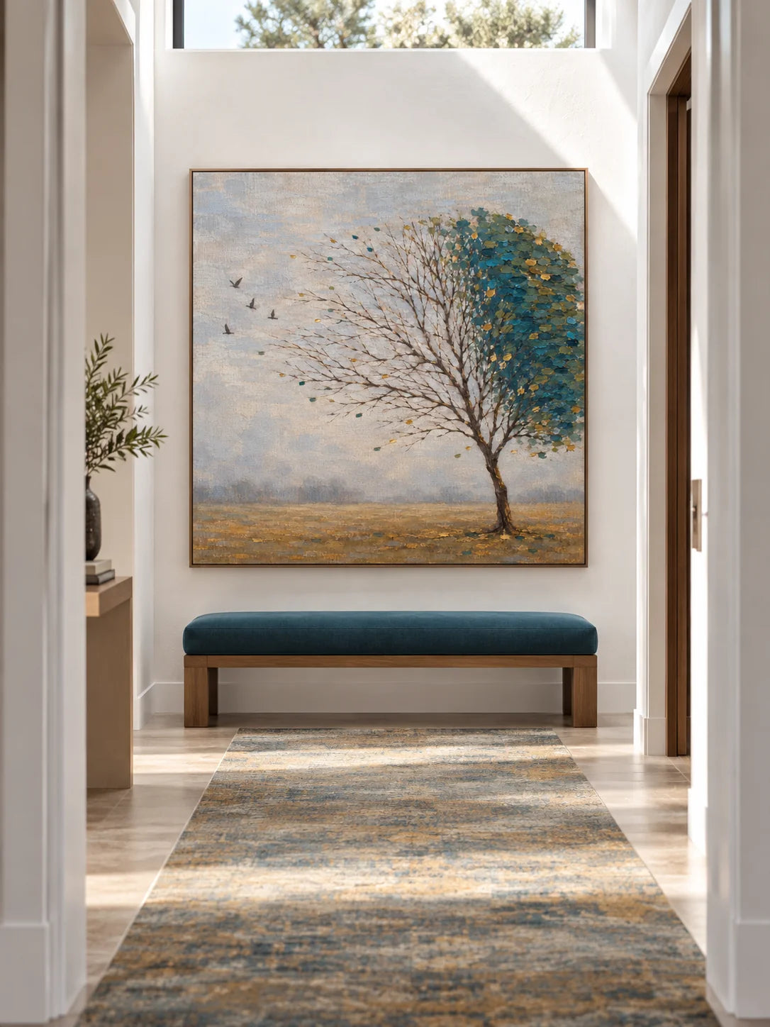 Minimalist Teal Tree Landscape Painting Large Hand Painted Modern Wall Art Canvas