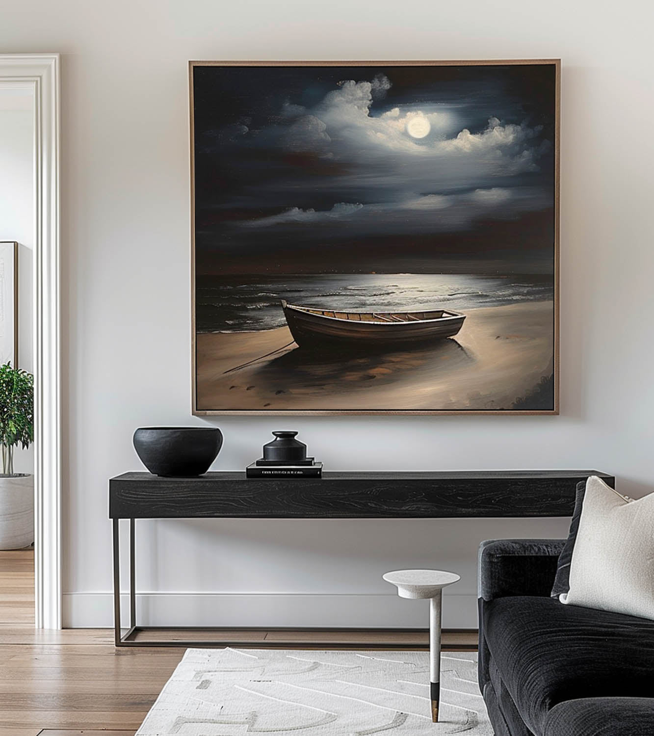Moonlight Ocean Retro Painting Hand Drawn Night Ocean Wall Art Large Sea Moon Ship Oil Painting