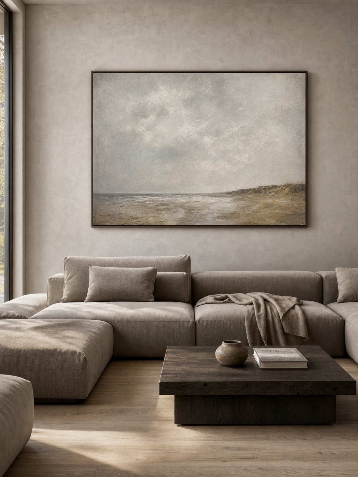 Vintage Coastal Landscape Painting With Gray And Beige Tones For Living Room Decor
