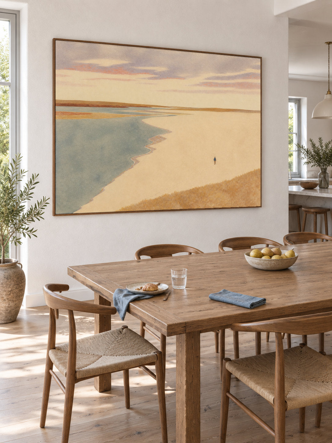 Warm Gold Estuary Landscape Canvas Art With Lone Walker For Bedroom Decor