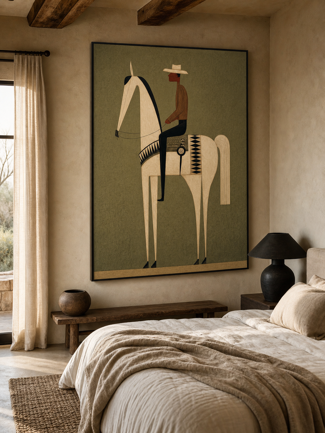 Vintage Minimalist Horse And Rider Painting With Earthy Green Tones For Modern Home Decor