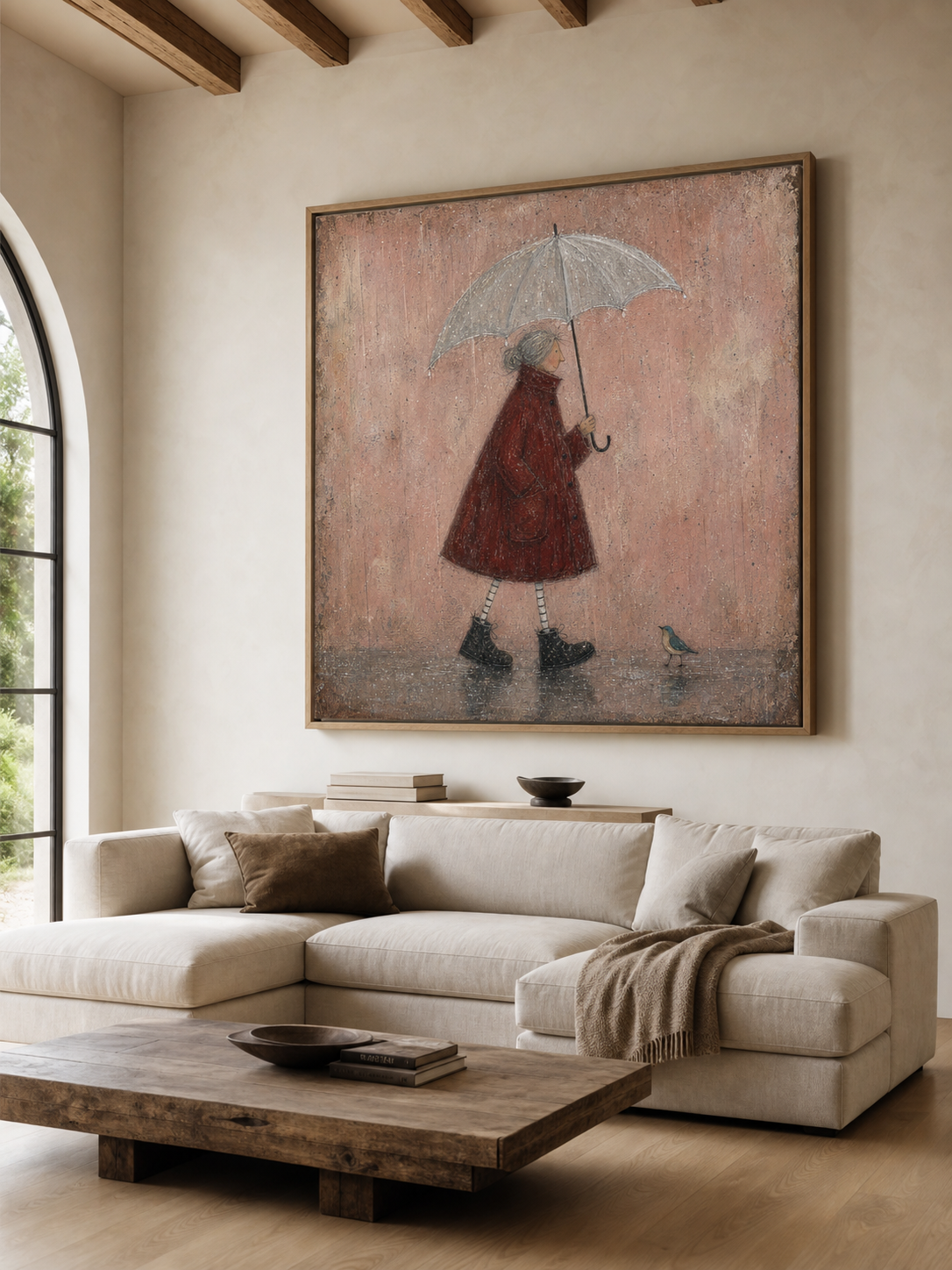 Original Handmade Painting Red Coat Woman In Rain Minimalist Wall Art