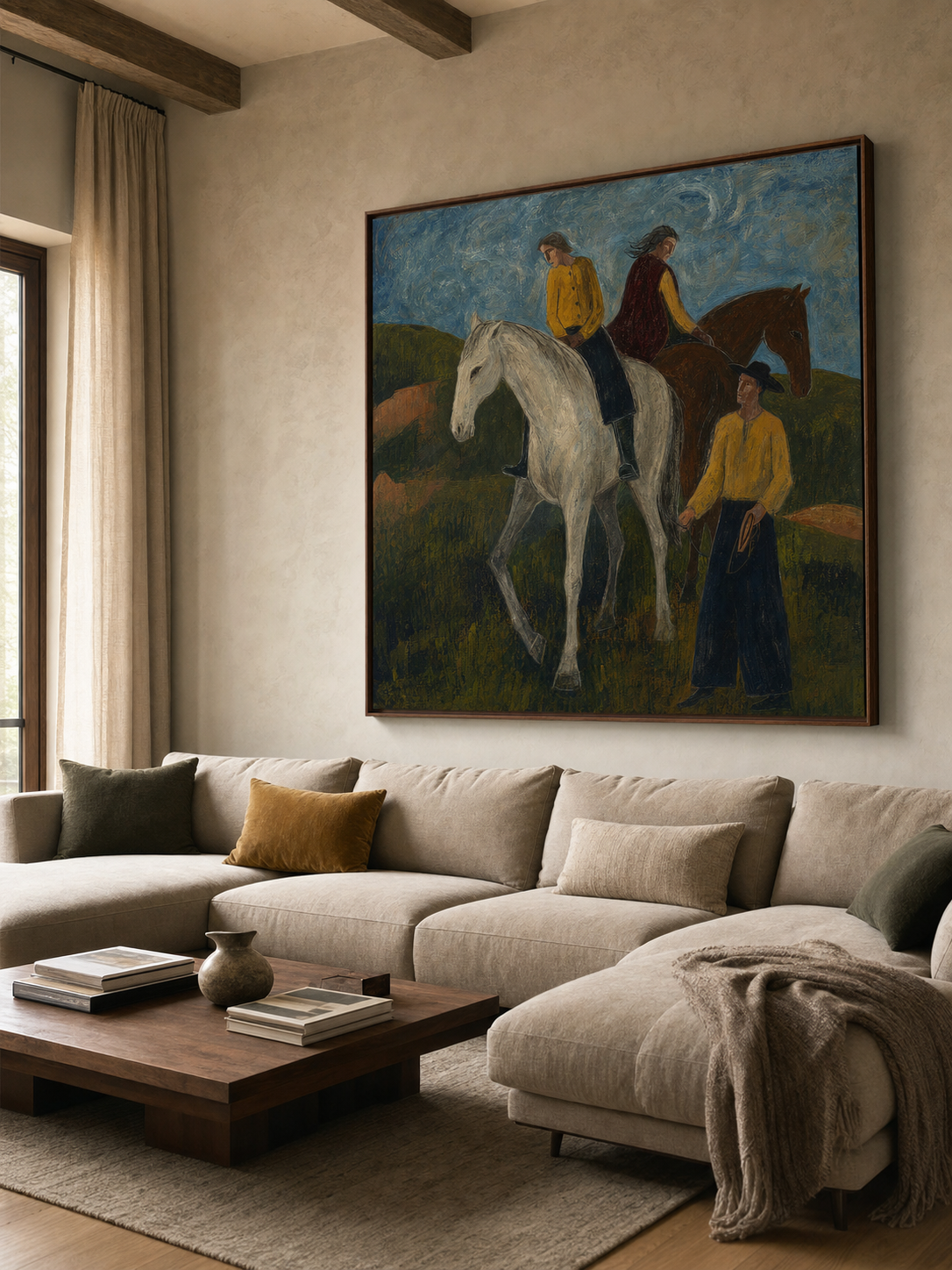 Contemporary Folk Art Painting Of Horses And Riders In Rustic Western Style