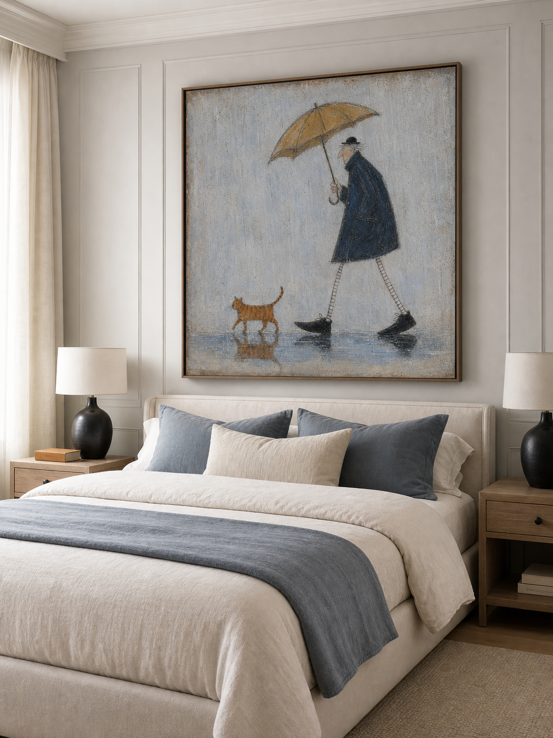 Vintage Cat And Man Painting With Umbrella In Rain For Cozy Home Decor