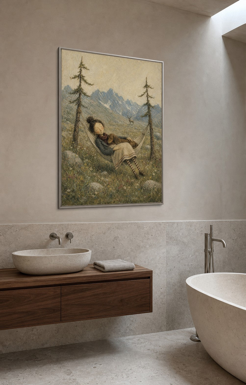 Serene Mountain Landscape Oil Painting With Hammock For Peaceful Living Room Wall Art