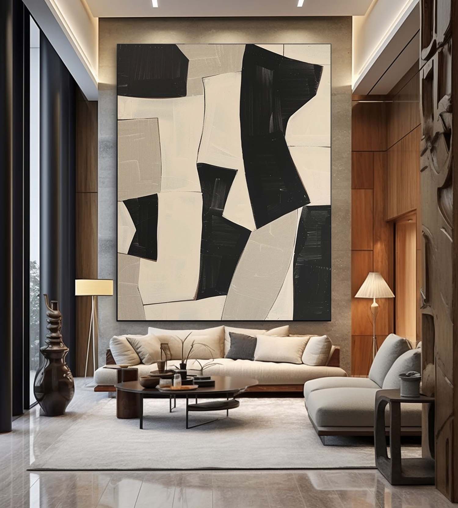 Minimalist Beige Abstract Painting On Canvas Beige And Black Abstract Oil Painting