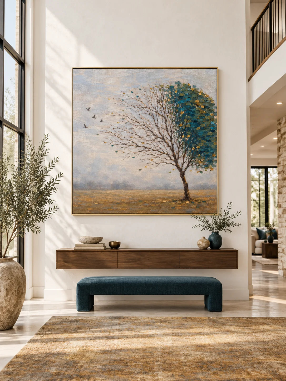 Minimalist Teal Tree Landscape Painting Large Hand Painted Modern Wall Art Canvas