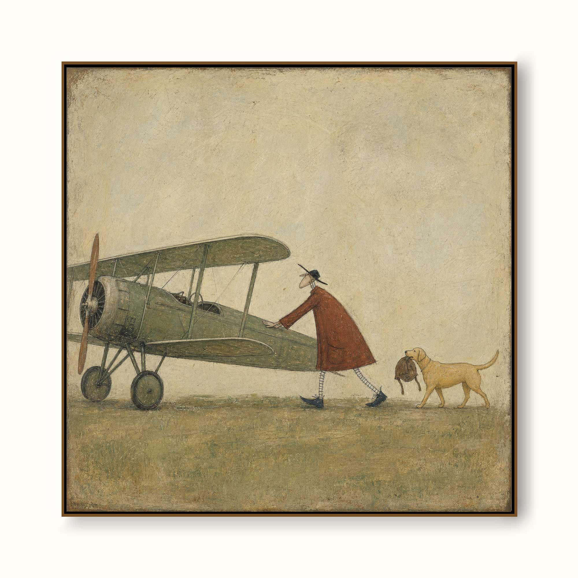 Vintage Airplane And Dog Painting Original Art For Study Room Decor