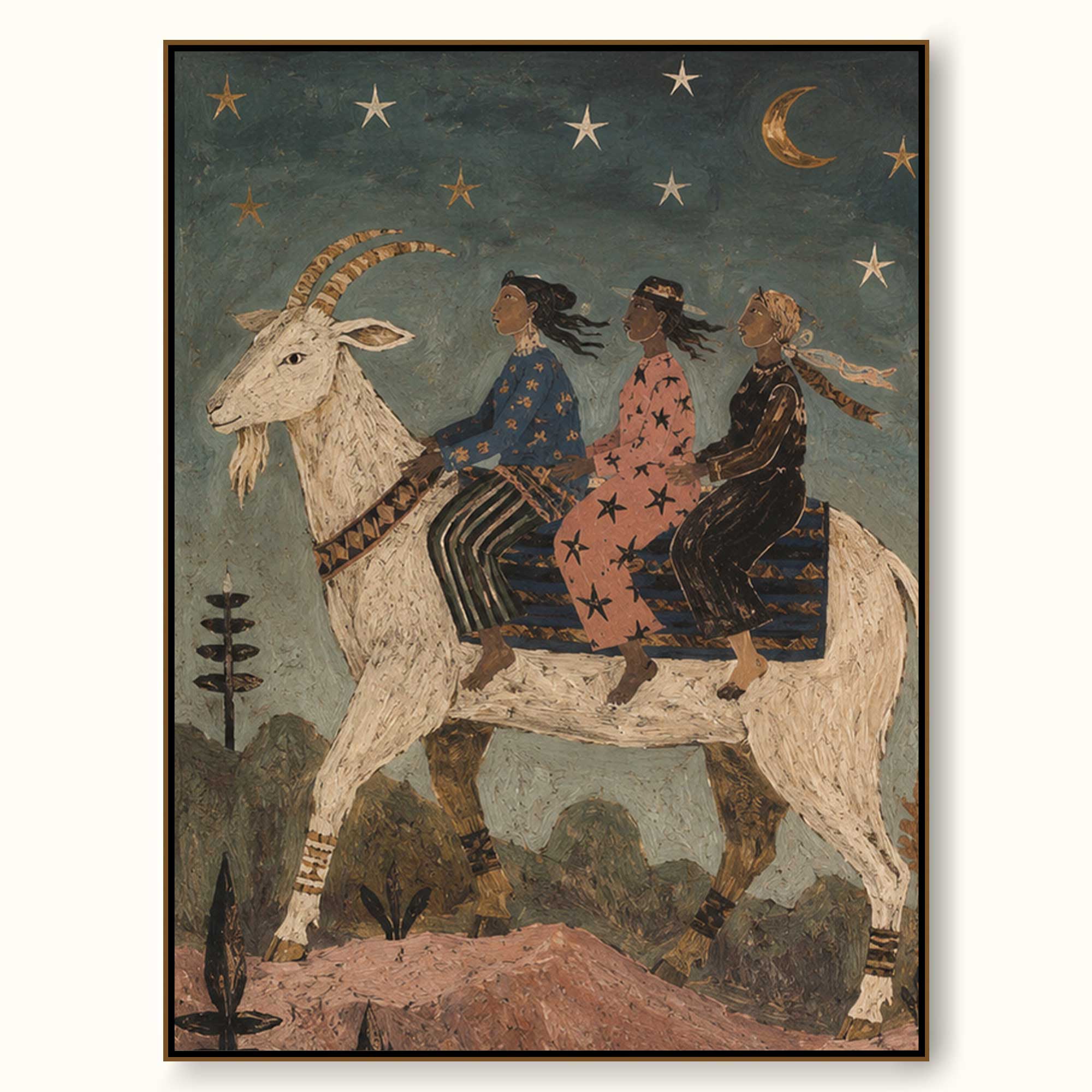 Hand Painted Bohemian Folk Art With Mythical Goat And Stars For Living Room Wall