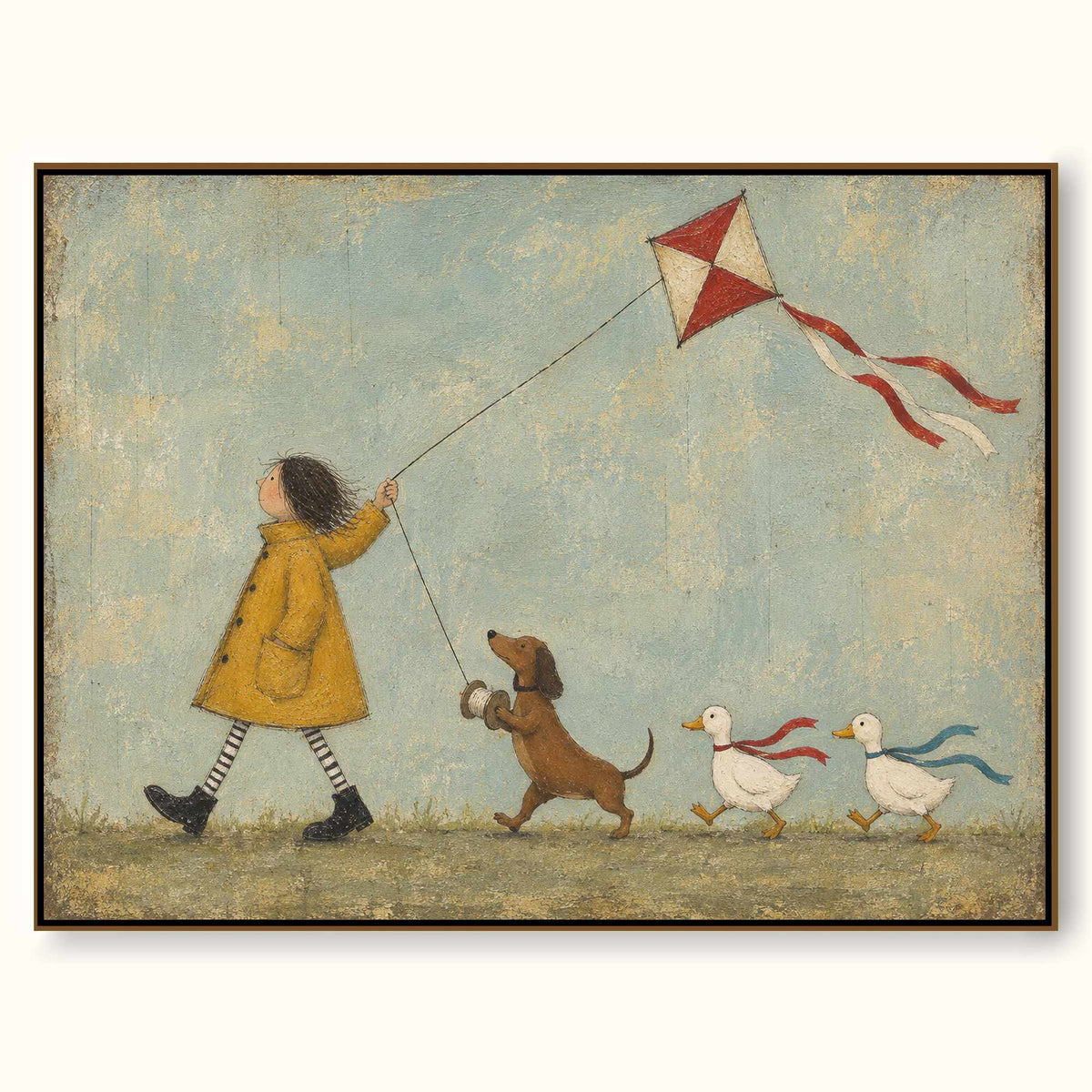Colorful Kite Flying Canvas Art With Dog And Ducks For Kids Room Decor