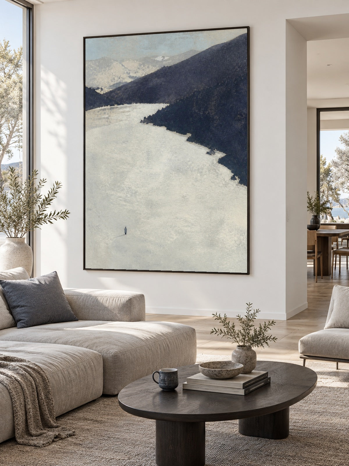 Neutral Winter Lake And Snow Covered Valley Canvas Wall Art For Bedroom