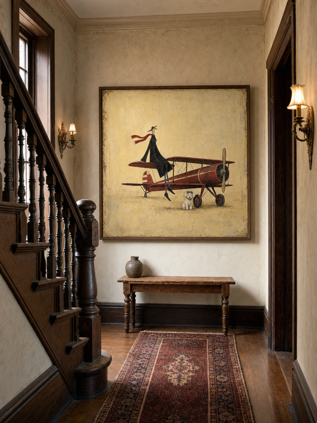 Original Surrealist Oil Painting Aviator Wall Art Handmade Canvas Vintage Airplane Fine Art
