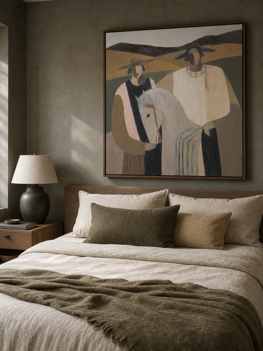 Contemporary Folk Art Painting With Horse And Figures In Earthy Tones For Modern Home Decor