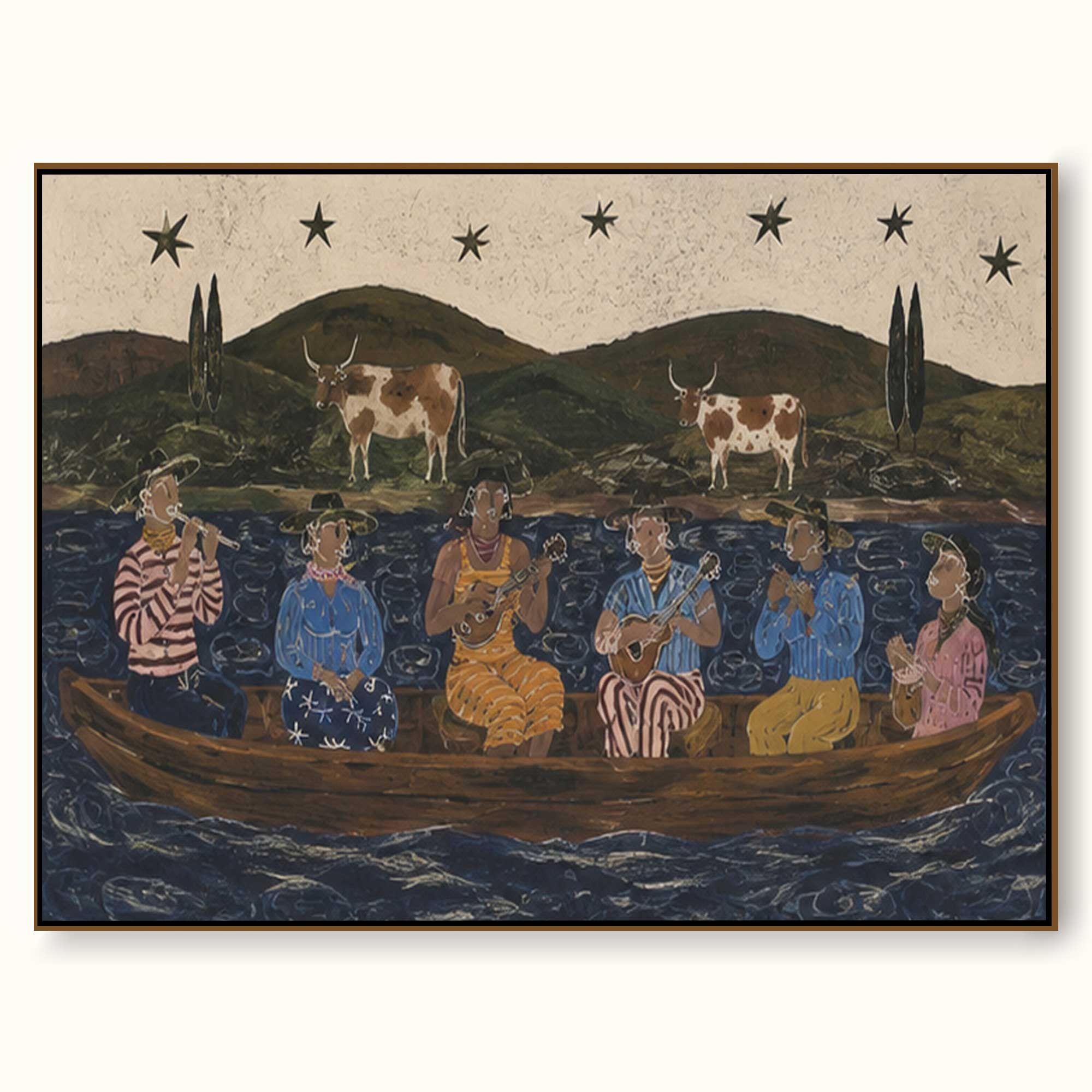 Handmade Folk Art Oil Painting With Musicians On Boat Vintage Bohemian Figurative Painting