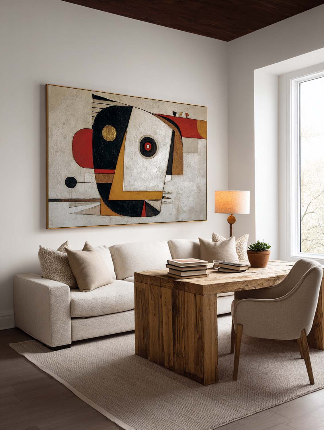Large Horizontal Geometric Abstract Painting With Red And Gold Accents For Living Room