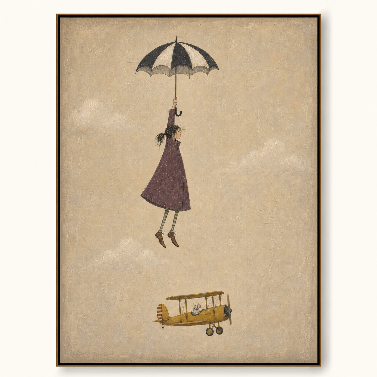 Vintage Style Minimalist Painting Of Flying Figure With Umbrella And Classic Yellow Airplane
