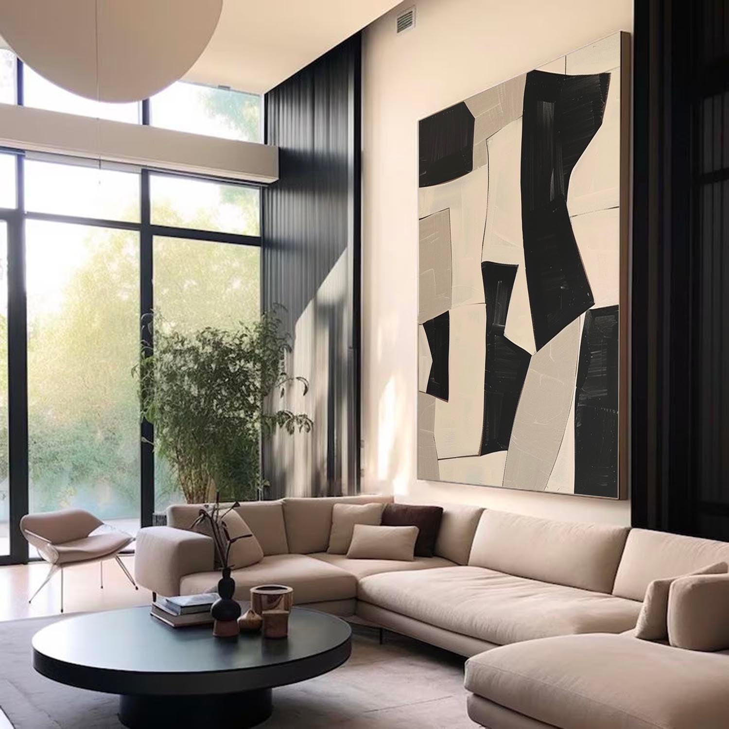 Minimalist Beige Abstract Painting On Canvas Beige And Black Abstract Oil Painting