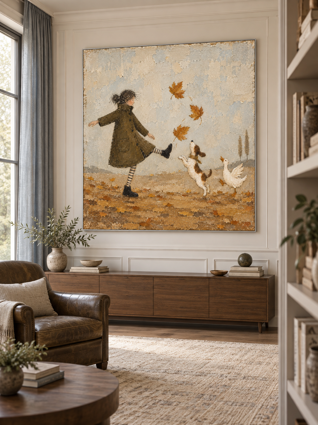Autumn Leaf Dance Canvas Art With Dog And Duck For Cozy Living Room Decor