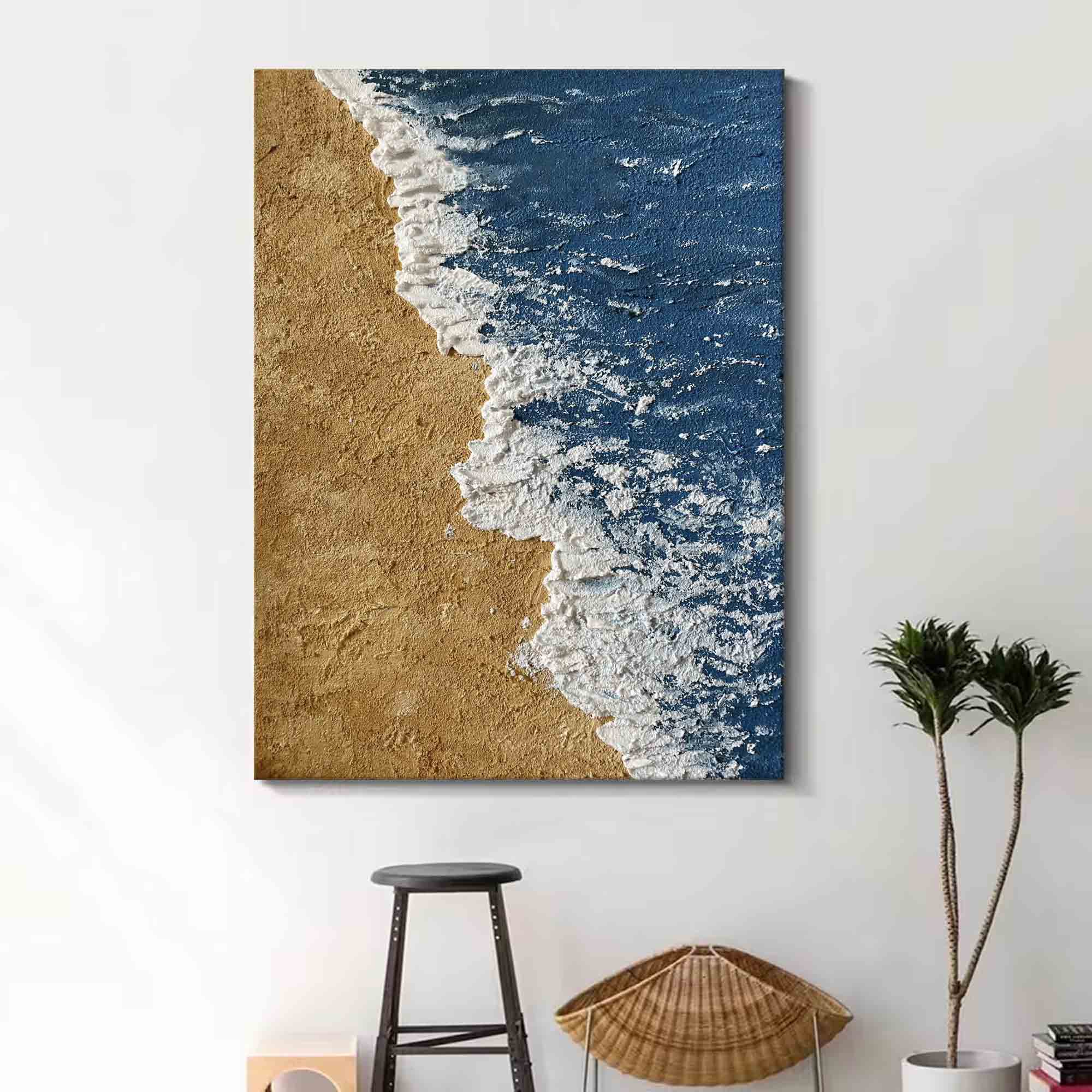 Large 3D Textured Coastal Wall Art Minimalist Blue abstract painting Beach Canvas Painting