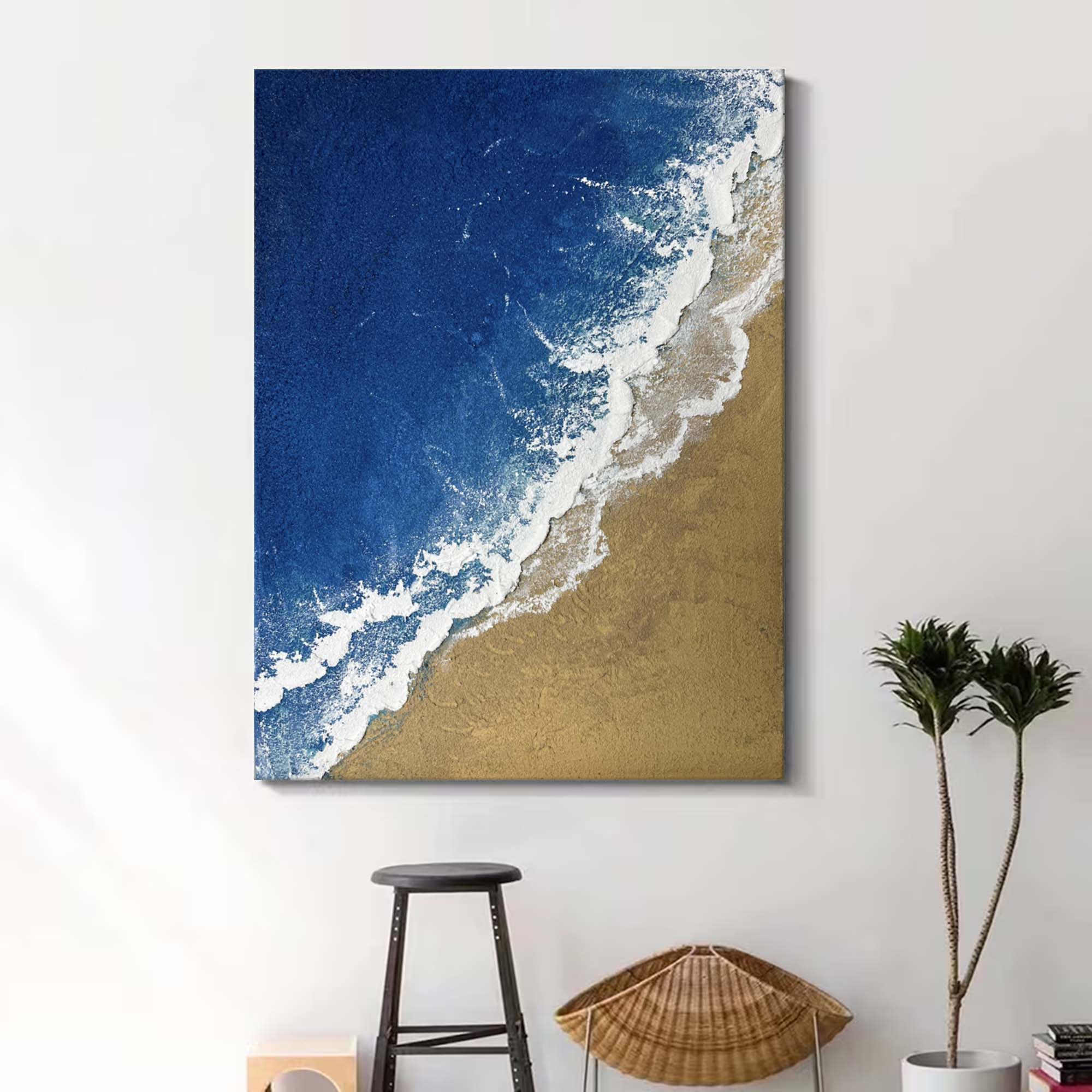 3D Minimalist Textured Ocean Painting Acrylic Framed Blue Beach Painting