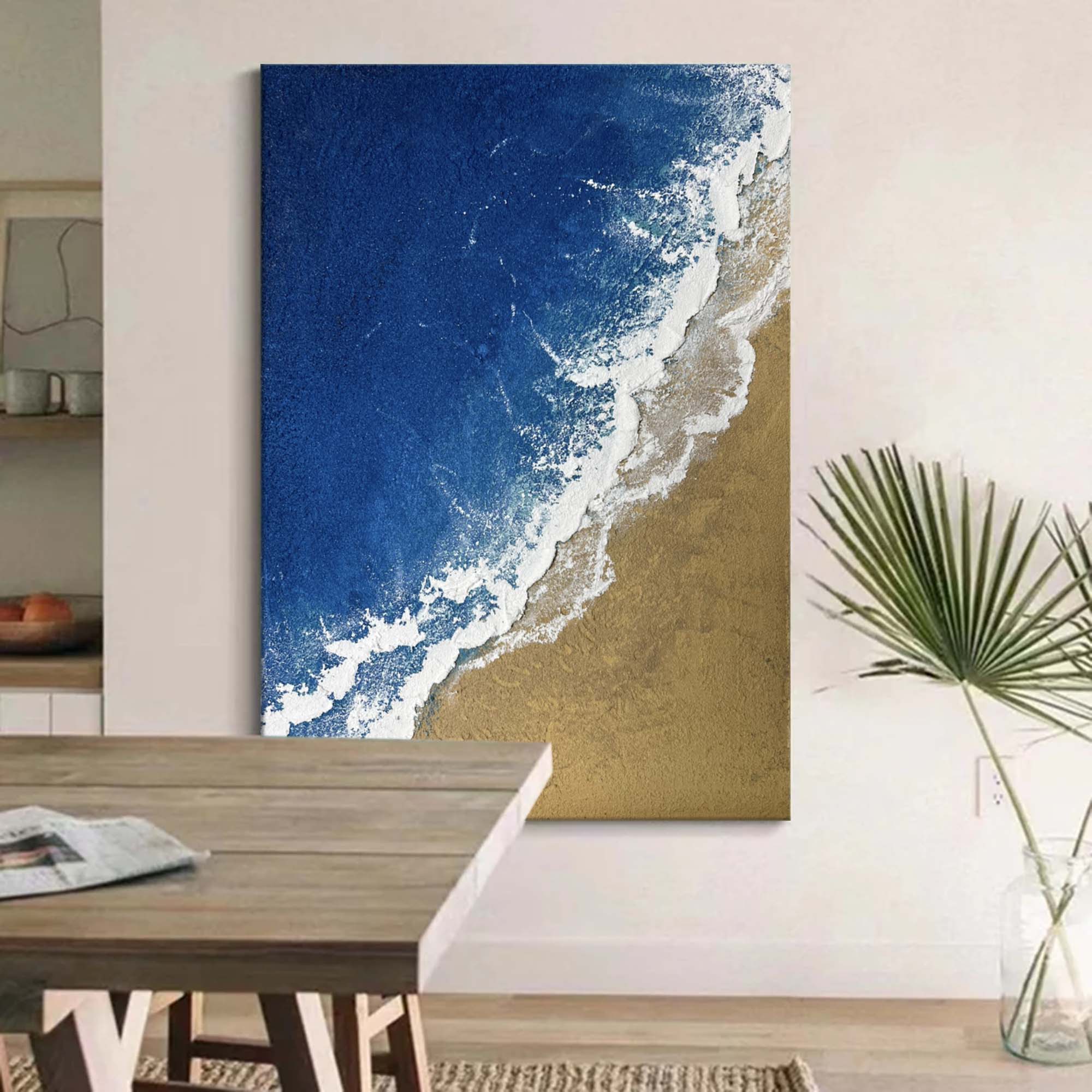 3D Minimalist Textured Ocean Painting Acrylic Framed Blue Beach Painting