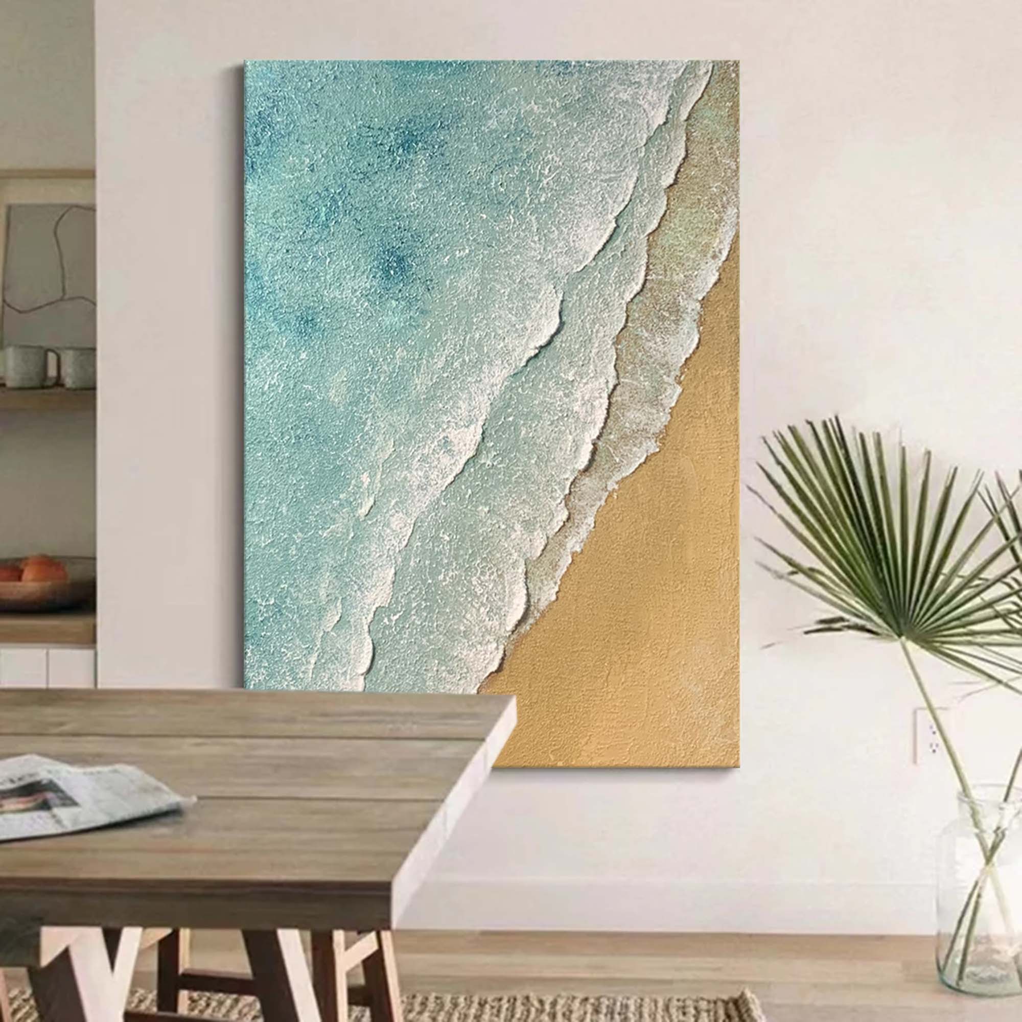 3D Minimalist Textured Coastal Wall Art Abstract Green Beach Painting 3D Ocean Wave Green Texture Oil Painting