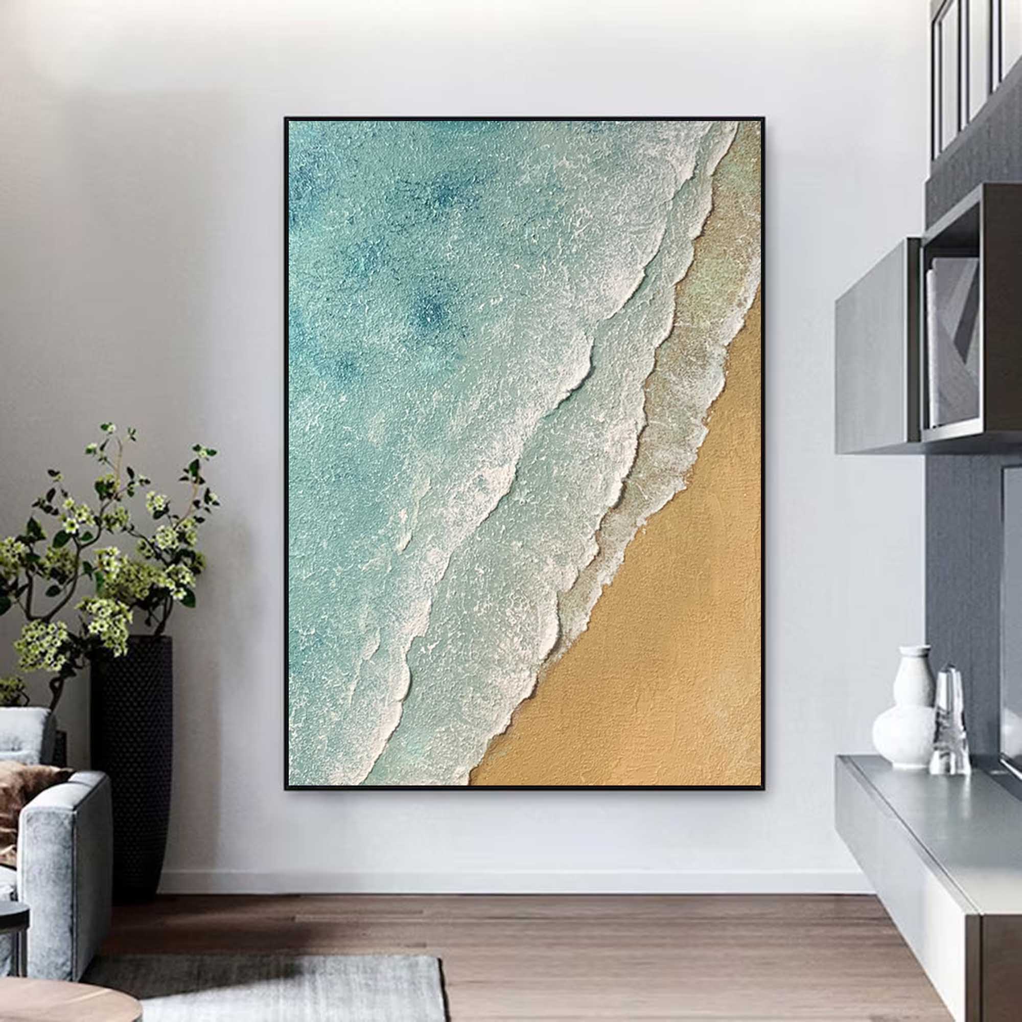 3D Minimalist Textured Coastal Wall Art Abstract Green Beach Painting 3D Ocean Wave Green Texture Oil Painting