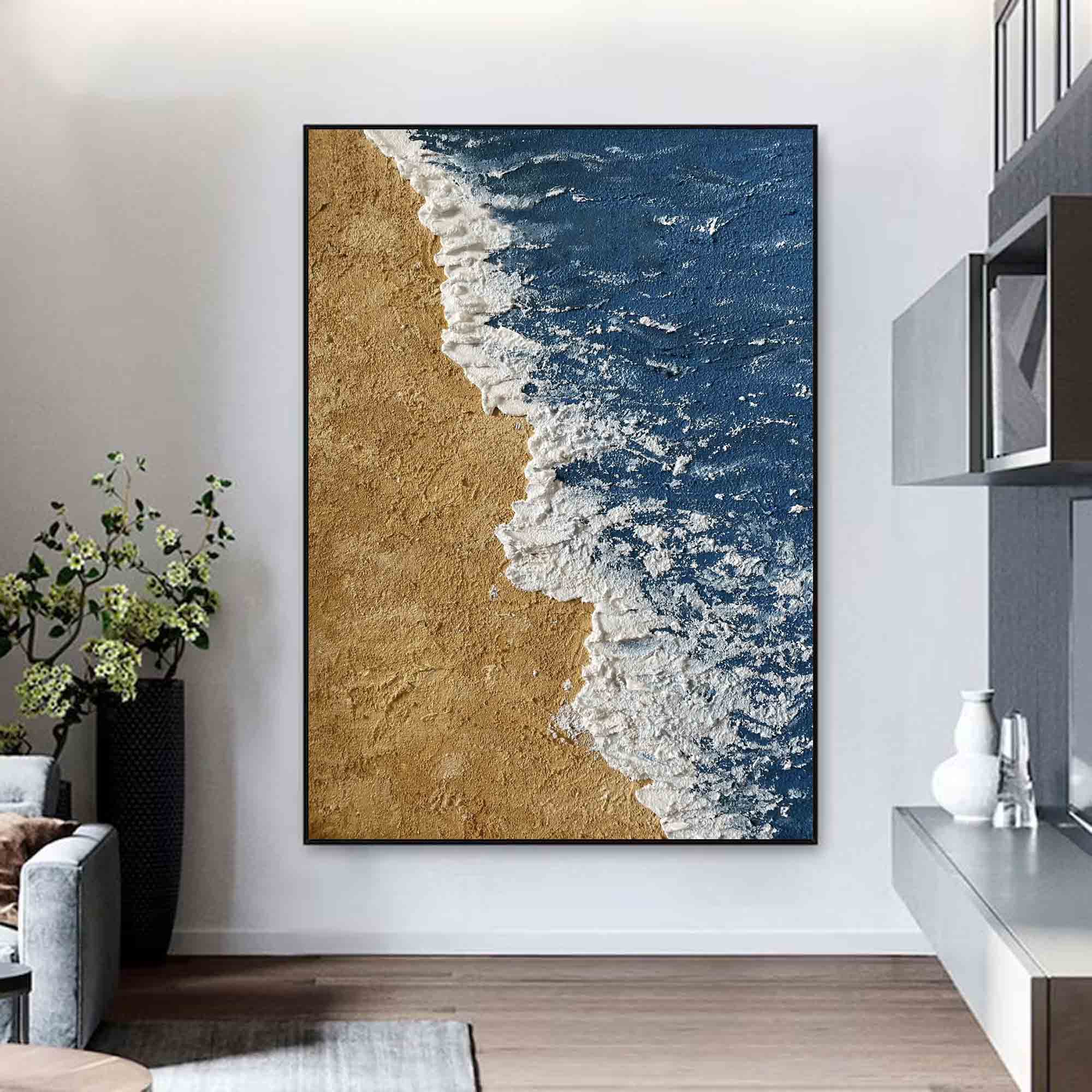 Large 3D Textured Coastal Wall Art Minimalist Blue abstract painting Beach Canvas Painting